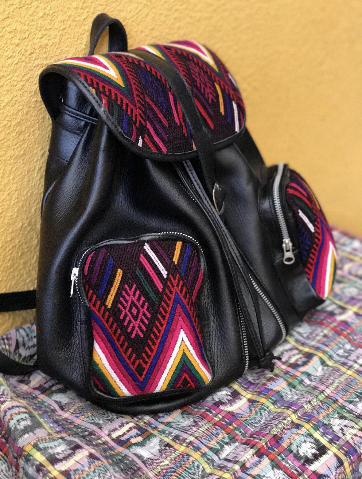 Gorgeous Black Leather Backpack with Huipil from Chichicastenango in Guatemala