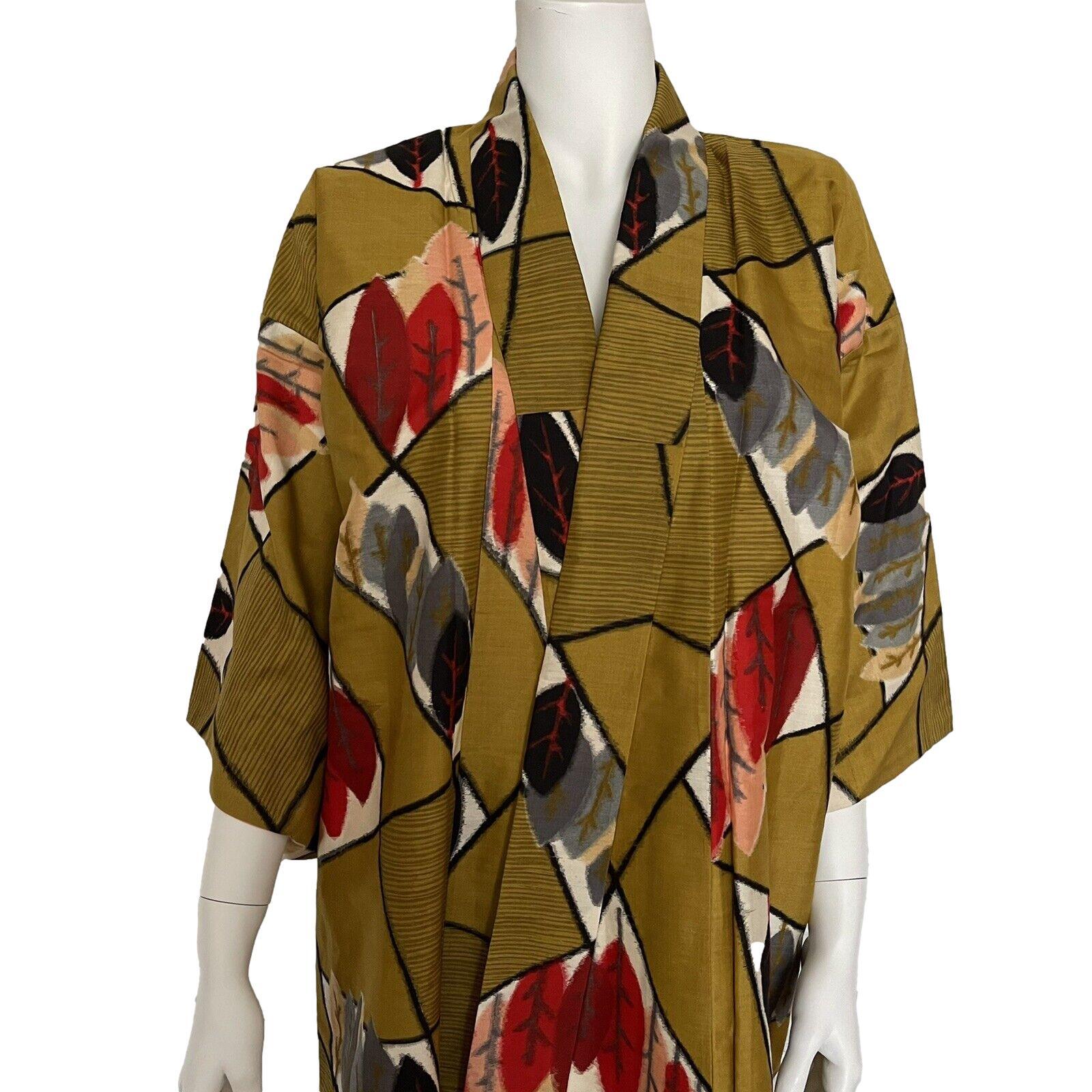 Kimono Duster Long Handmade Leaf Print Multicolor Gold Red White Pink Gray OS