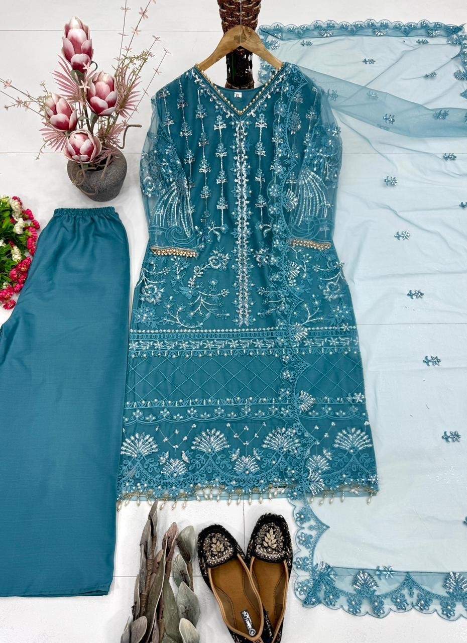New Latest Soft Net Top Palazzo With Dupatta For Indian Party Wear
