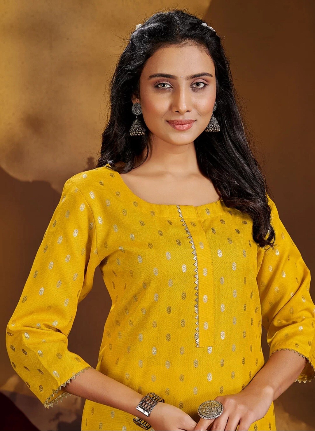 Yellow Gold Foil Cotton Kurta With White Pants (Size 38) Indian Pakistani Suit