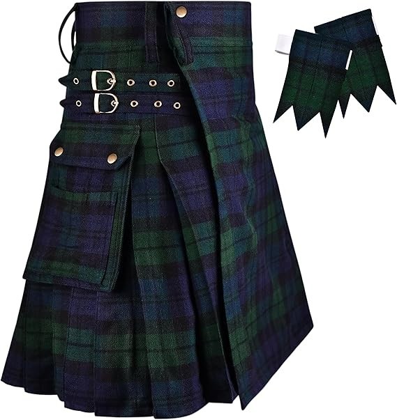Black Watch Tartan Utility Kilt Package – Acrylic Wool Kilt, Hose, Flashes