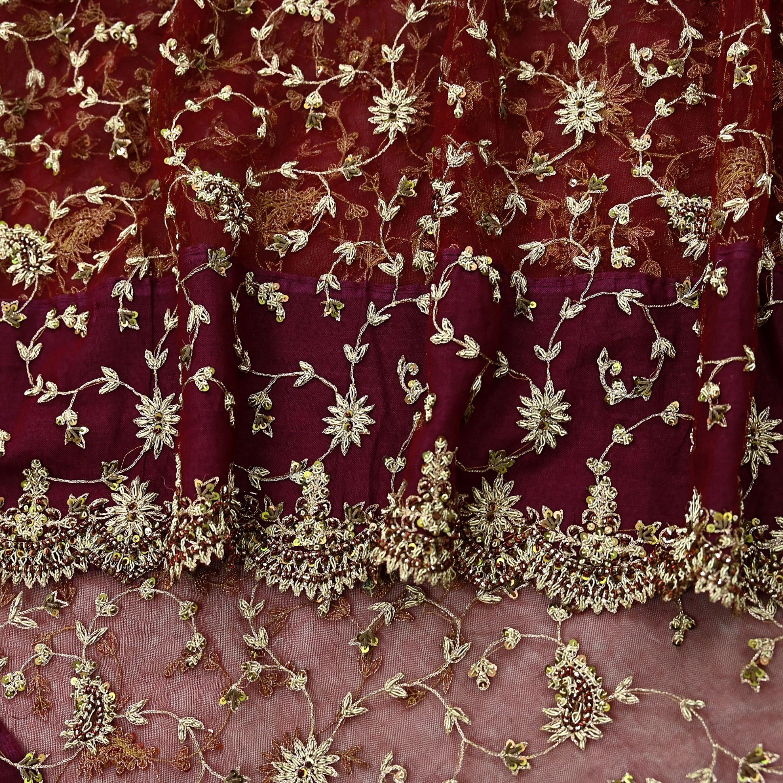 Vintage Heavy Sari Maroon Net/Mesh Hand Embroidered Sarees Fabric 6Yd Ethnic