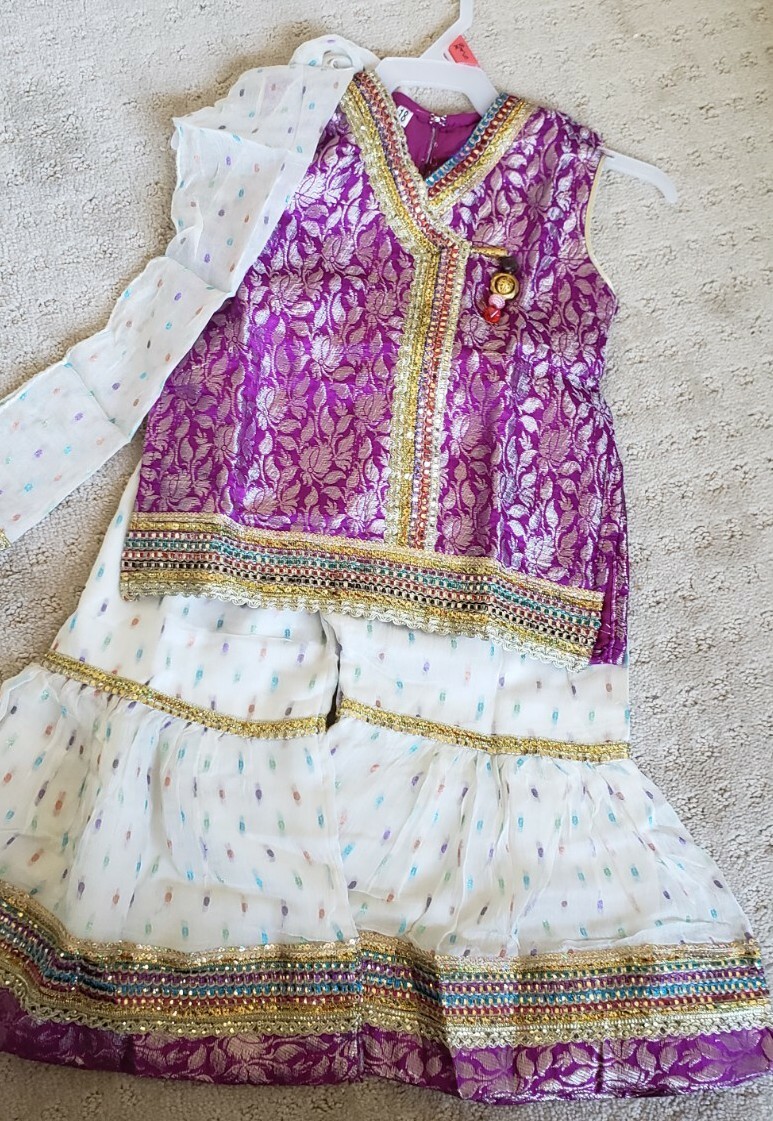 3pc Girls Kids Pakistani Indian fancy gharara Eid Weddings 4/5 yes purple white