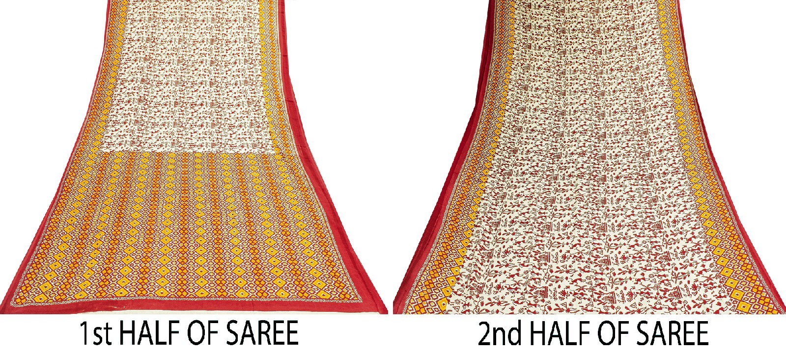 Sanskriti Vintage Saree Soft Red-Cream WarliArt Pure Cotton Geometric Print 5+Yd