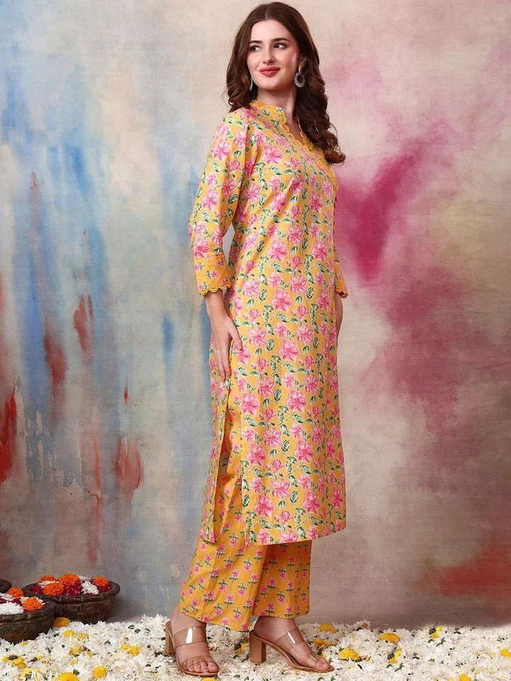 Indian Women Yellow & Pink Pure Cotton Floral Printed Kurta with Trouser Set