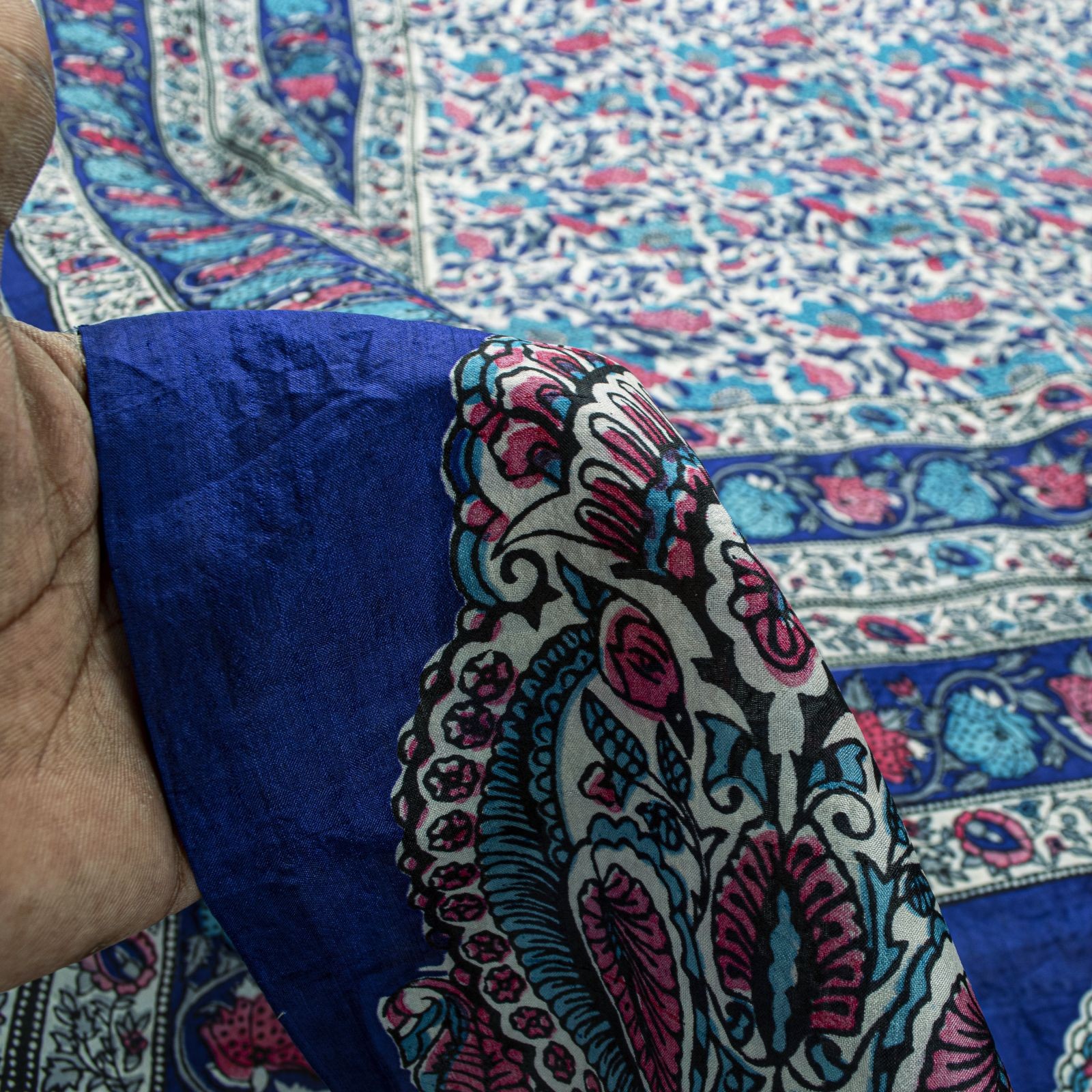 Sanskriti Vintage Blue Pure Silk Sari Floral Block Kalamakari Print Saree 6 Yard