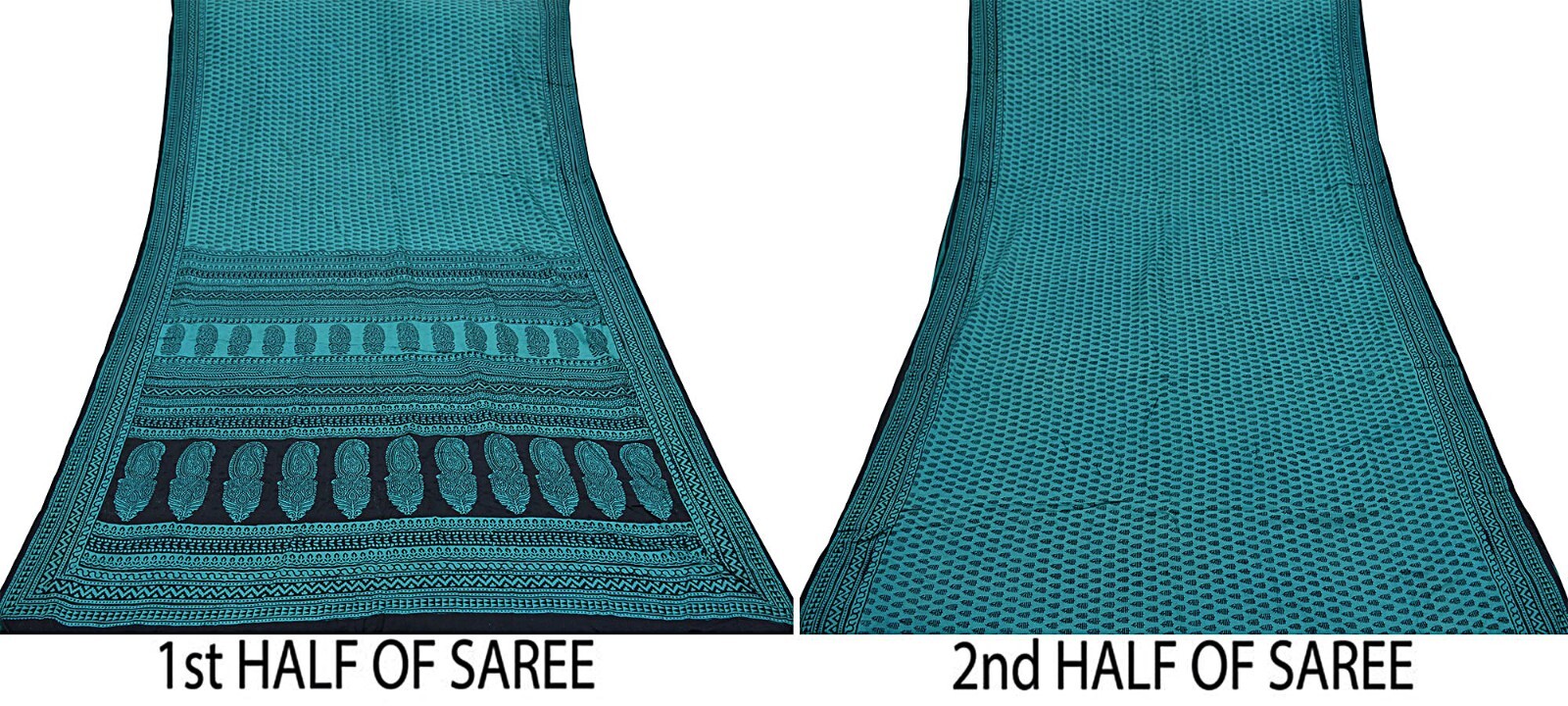 Indian Vintage Green & Black Sarees Hand Block Printed Sari Pure Silk Fabric 5yd