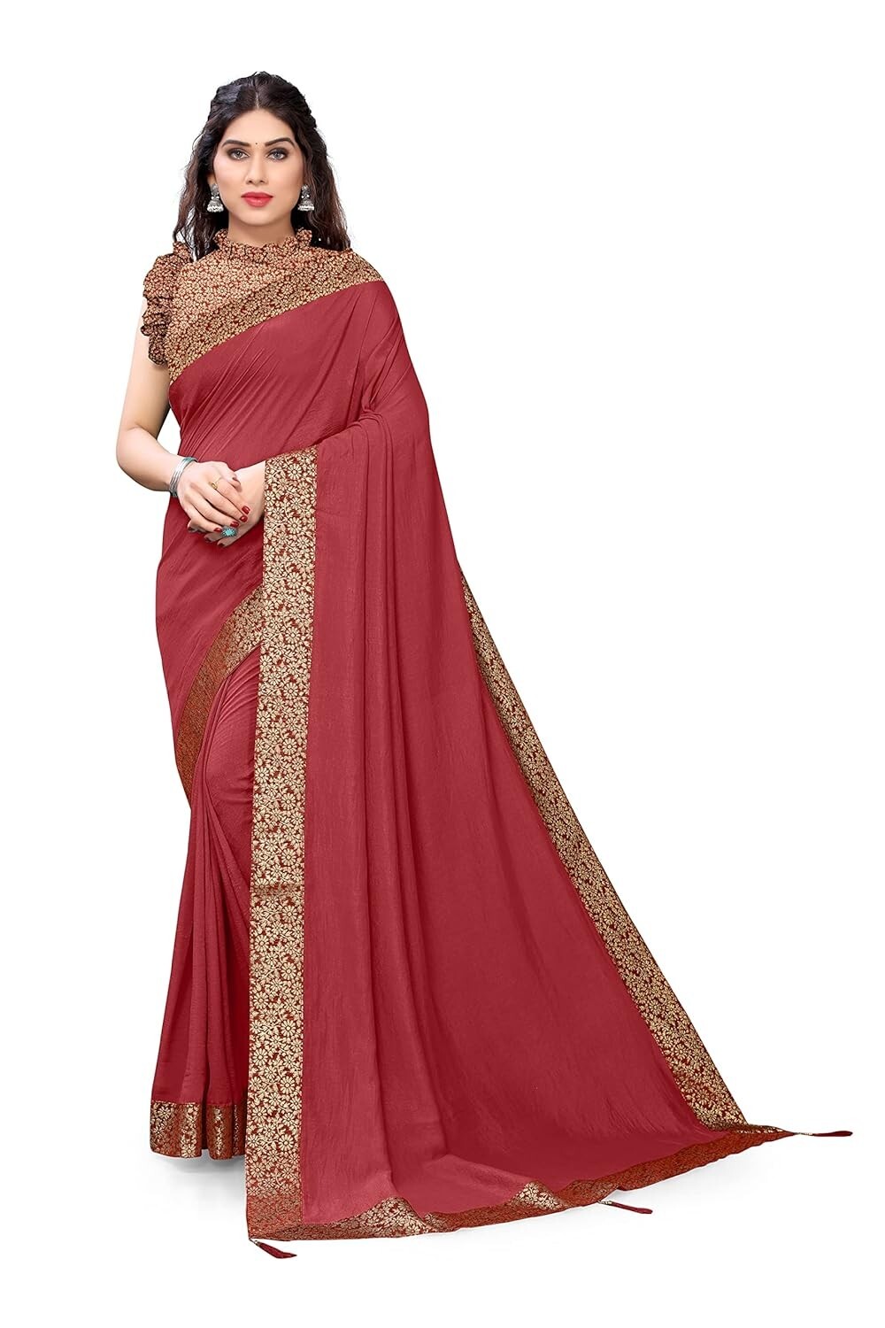 Women’s Vichitra Silk Brocade Lace Work Stylish Saree with Blouse Piece