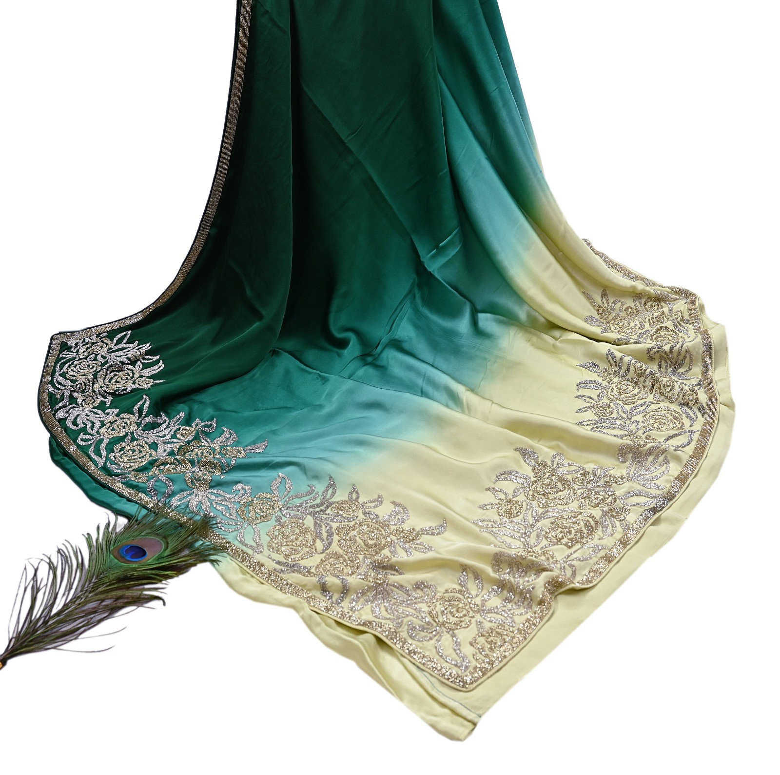 Rare Vintage Yellow & Green Pure Satin Silk Saree Hand Embroidered Fabric 6 Yard