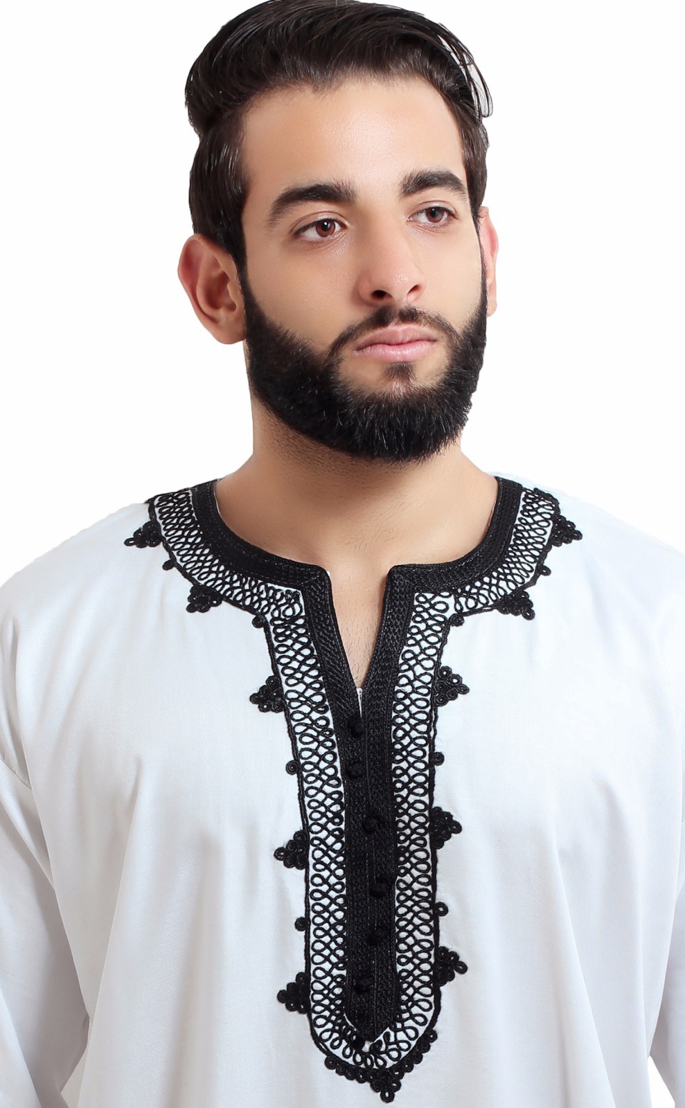 Moroccan Men Tunic Shirt Cafan Casual Handmade Embroidered Cotton Large White