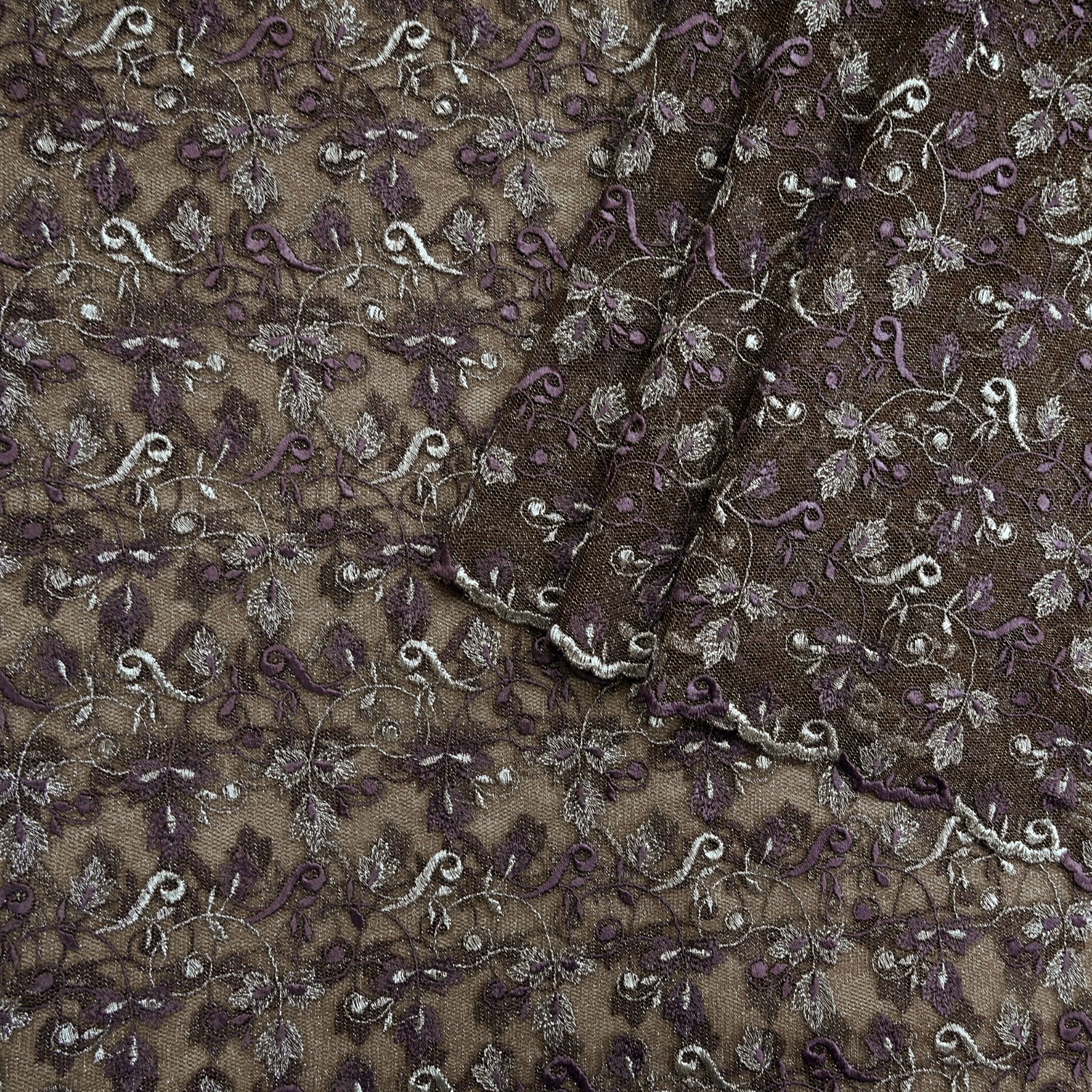 Indian Vintage Brown Saree Net/Mesh Embroidered Sari Craft Fabric Floral 5Yd