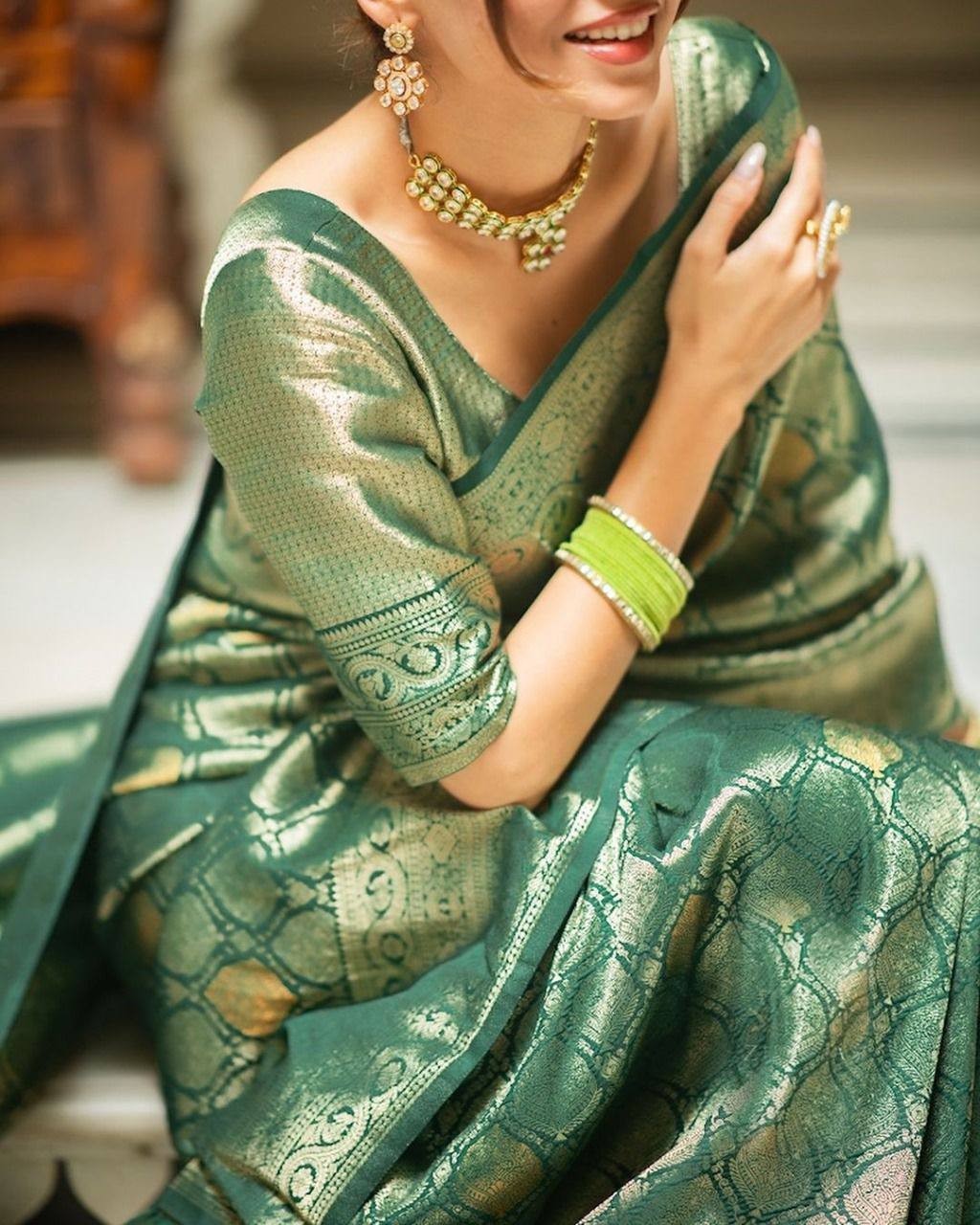 Indian Wedding Bollywood Saree Women Banarasi Soft Silk Green Jacquard Weaving