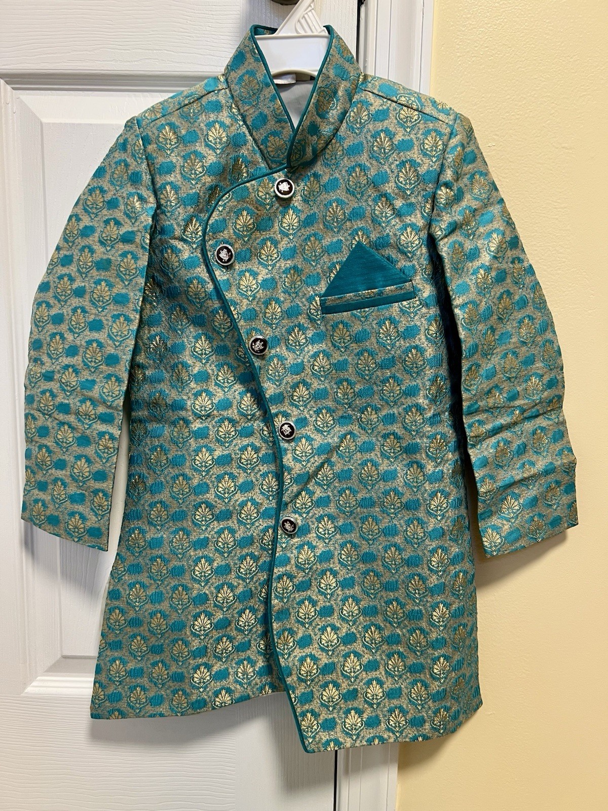 Sherwani Punjabi Set Blue golden color in kathan print party wear boy S Size 5
