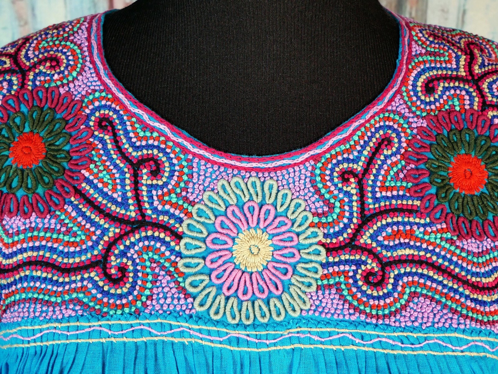 Lg Peasant Blouse Hand Embroidered Turquoise Cotton Mayan Chiapas Mexico Hippie