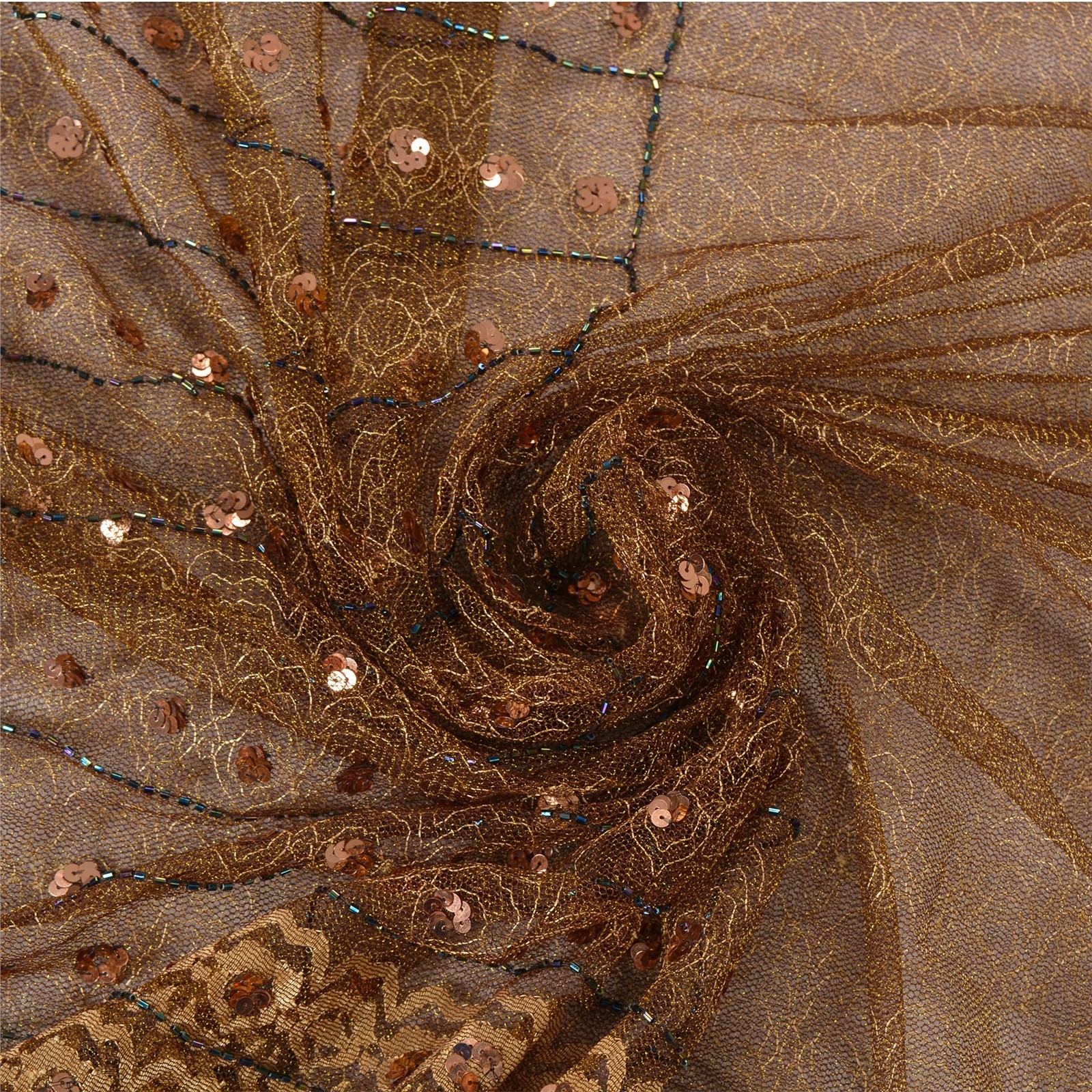 Sanskriti Vintage Sarees Net Mesh Hand Beaded Woven Brown Fabric Craft 5 Yd Sari