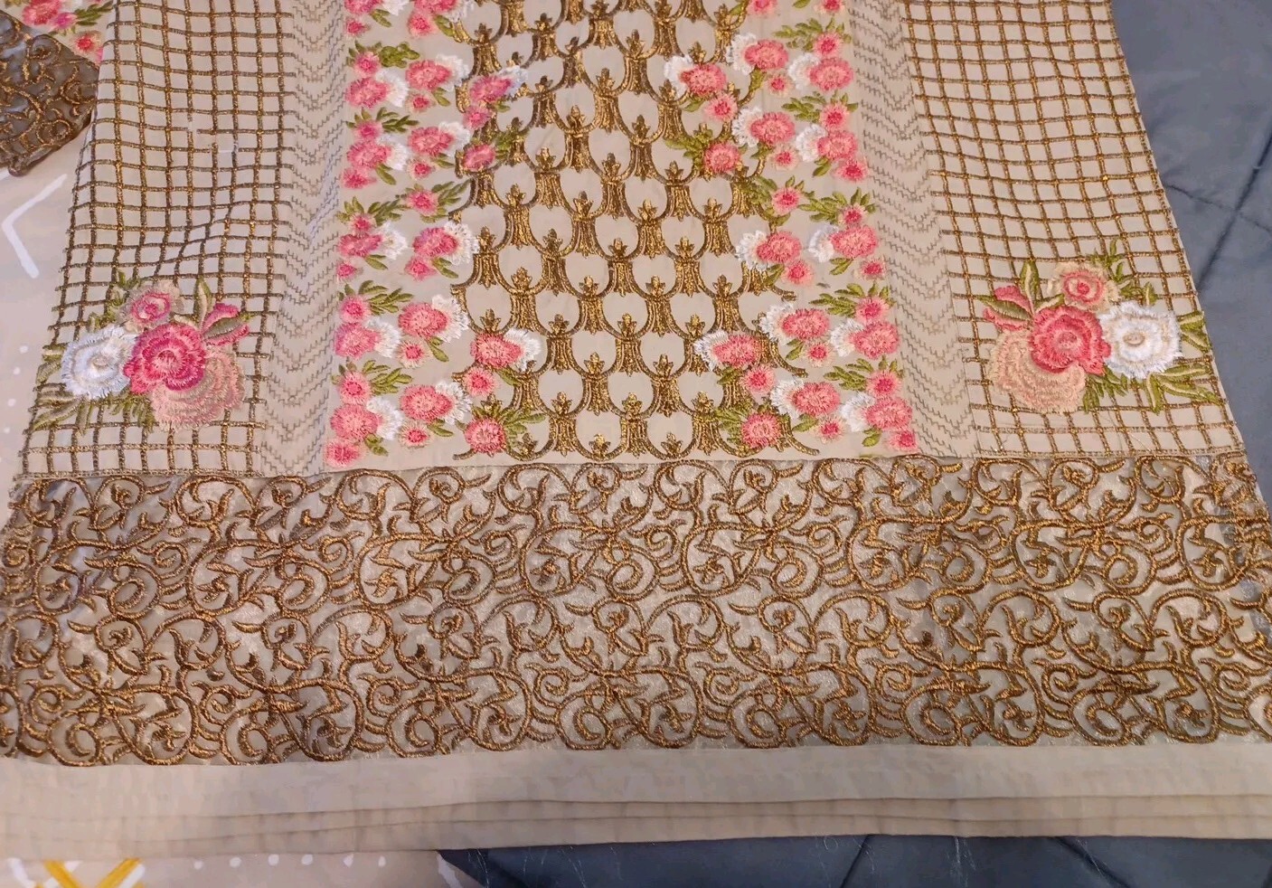 Eid Pakistani Indian Embroidered 3 Piece Dress Cotton Biege Chiffon Dupata