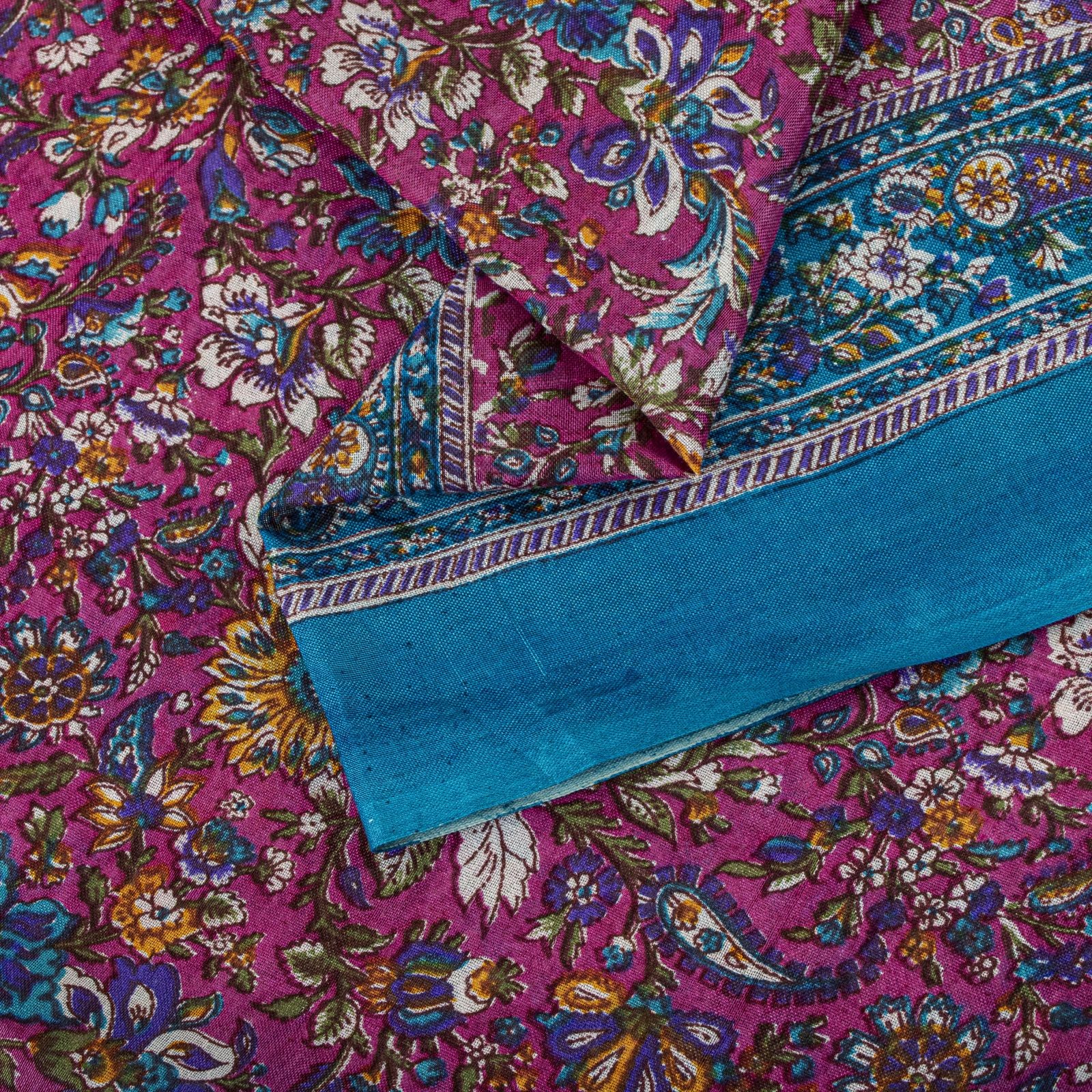 Sanskriti Vintage Saree Pink-Blue Pure Cotton Floral Printed Sari Fabric 5+Yard