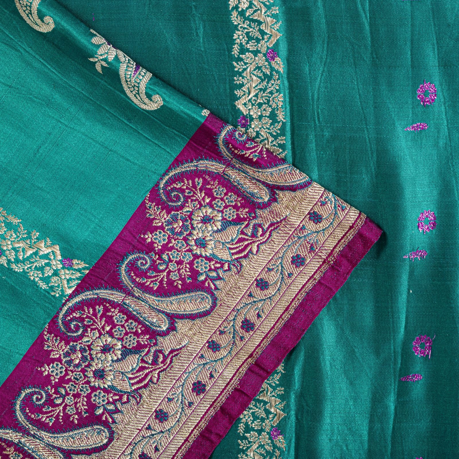 Sanskriti Vintage Green Pure Satin Silk Saree Banarasi Brocade Woven Sari 5Yard