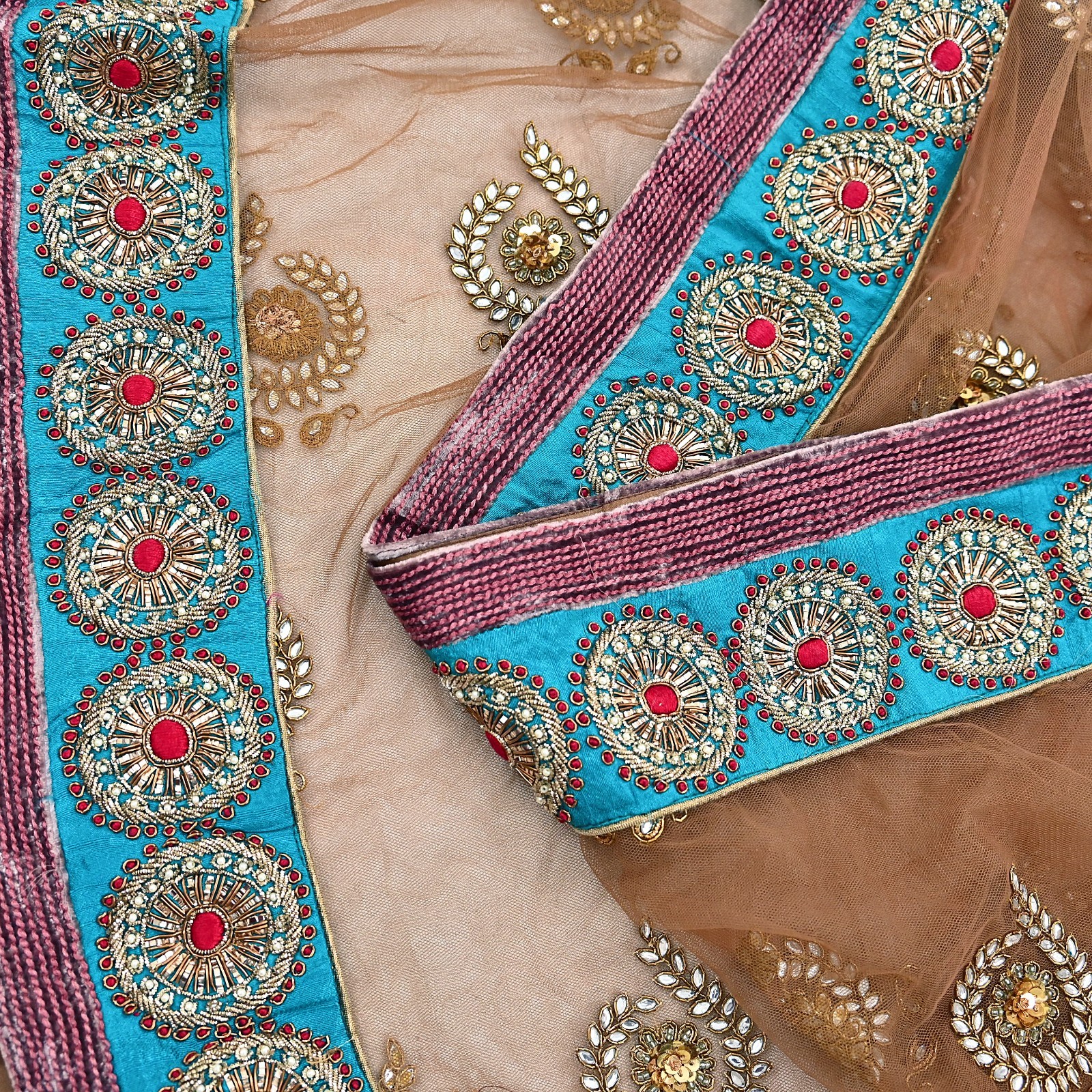 Indian Vintage Heavy Brown Net/Mesh Hand Embroidered Designer Dupatta