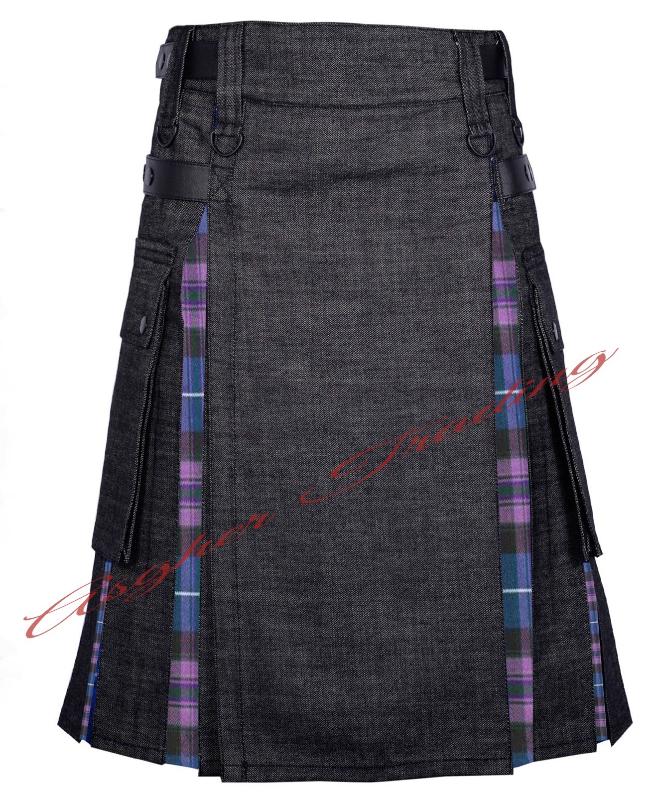 Scottish Black Denim With Pride of Scotland Tartan Hybrid Utility Kilt For Men