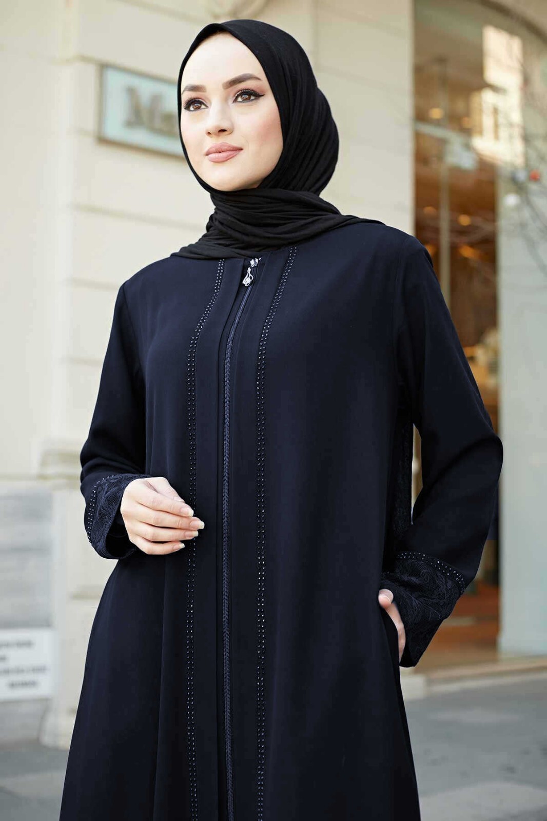 istanbulstyles Women’s Abaya Lace Applique Long Sleeve Floor Length Zipper Floor