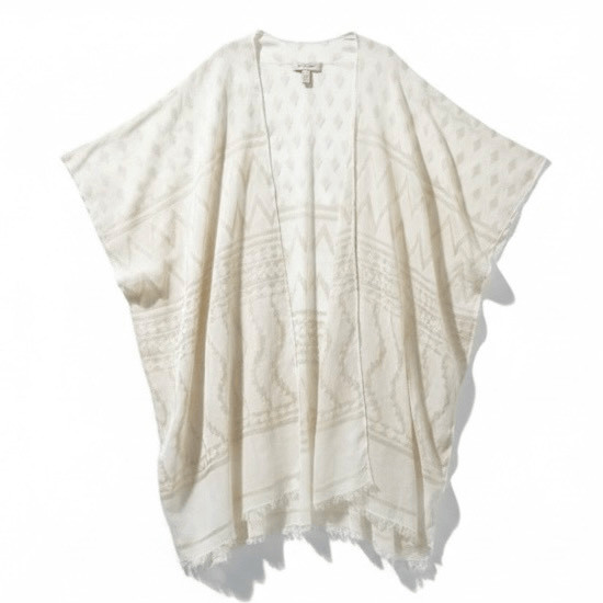 Boho Fringe Kimono Soft Surroundings Ivory Beige Cream Cotton Ruana Wrap One Siz
