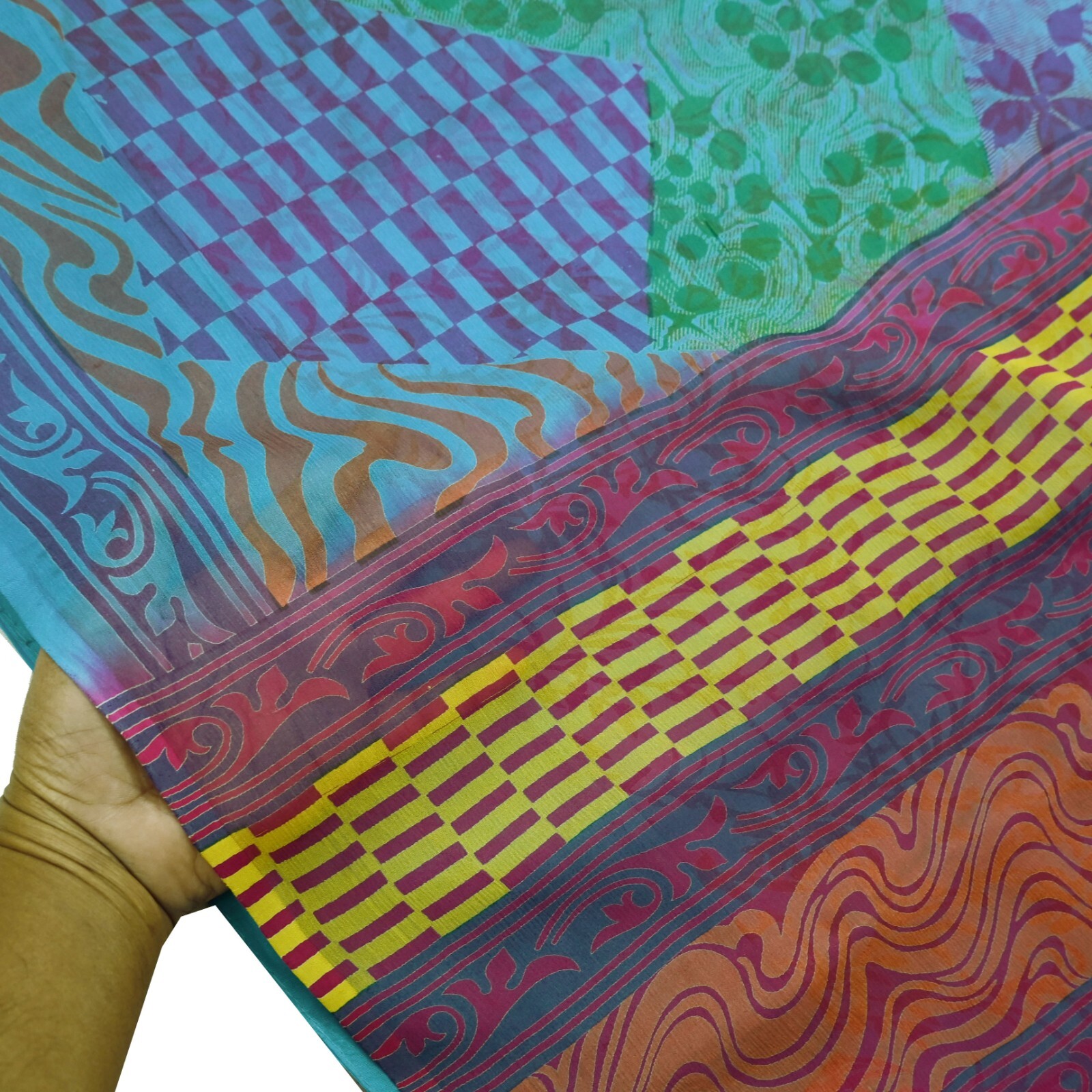 Indian Vintage Sari Blue & Purple Pure Chiffon Silk Printed Sarees Craft Fabric