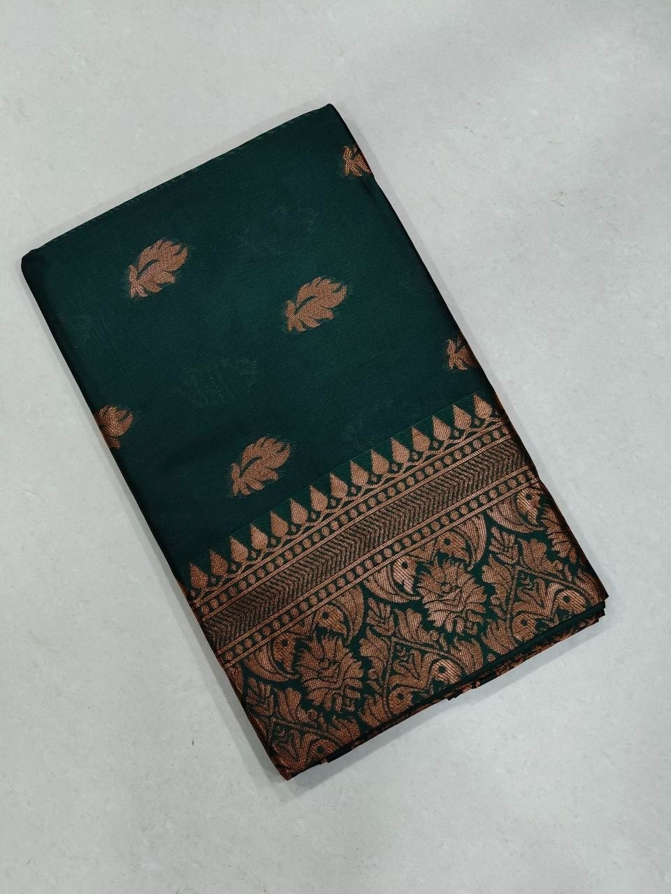 Wedding Wear Green Lichi Silk Saree with Golden Jacquard Pallu & Indian Blouse