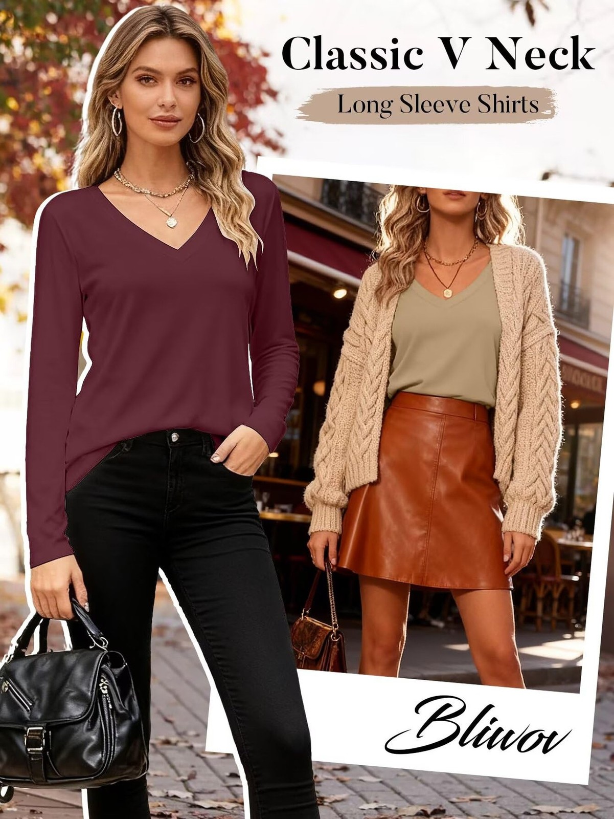 Bliwov 2 Pack Womens Long Sleeve V Neck Tops Fall Winter Outfits Spring Trend…
