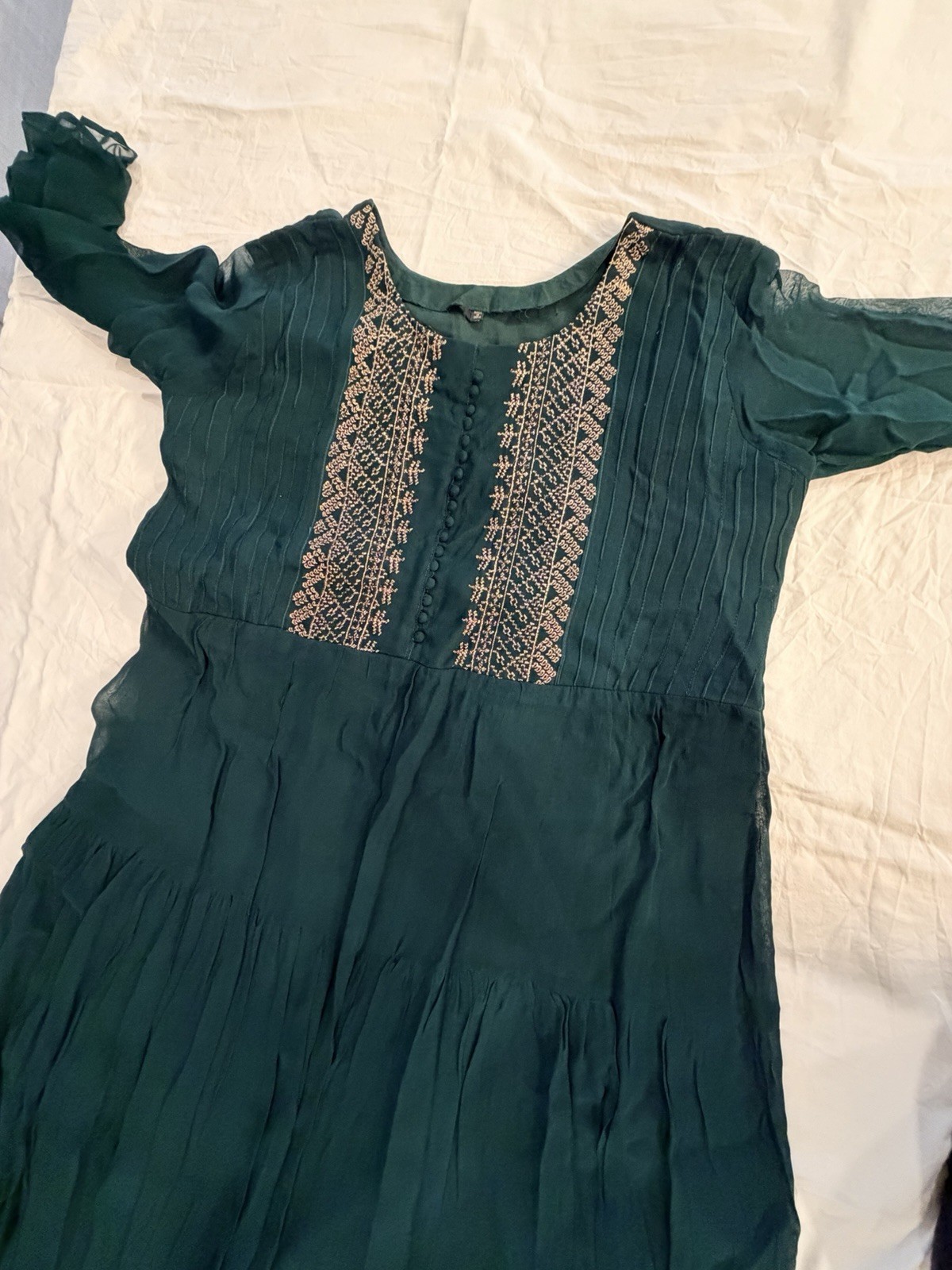 Dark Green Floor-Length Indo-Western Dress / Long Kurti – Gold Embroidery XXL