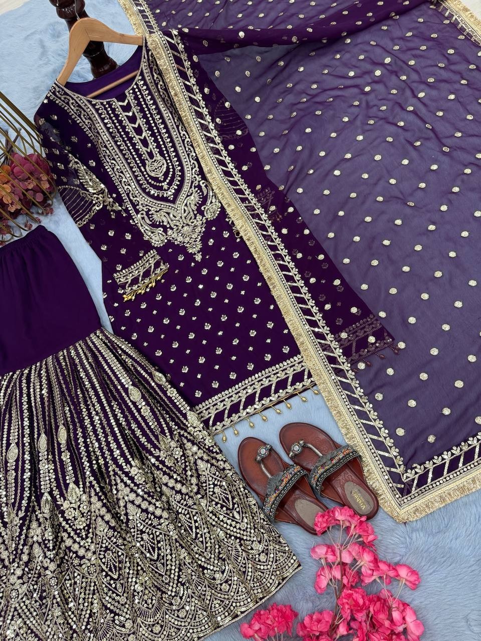 New Beautiful Purple Faux Georgette Kurta Palazzo With Dupatta For Women & Girls