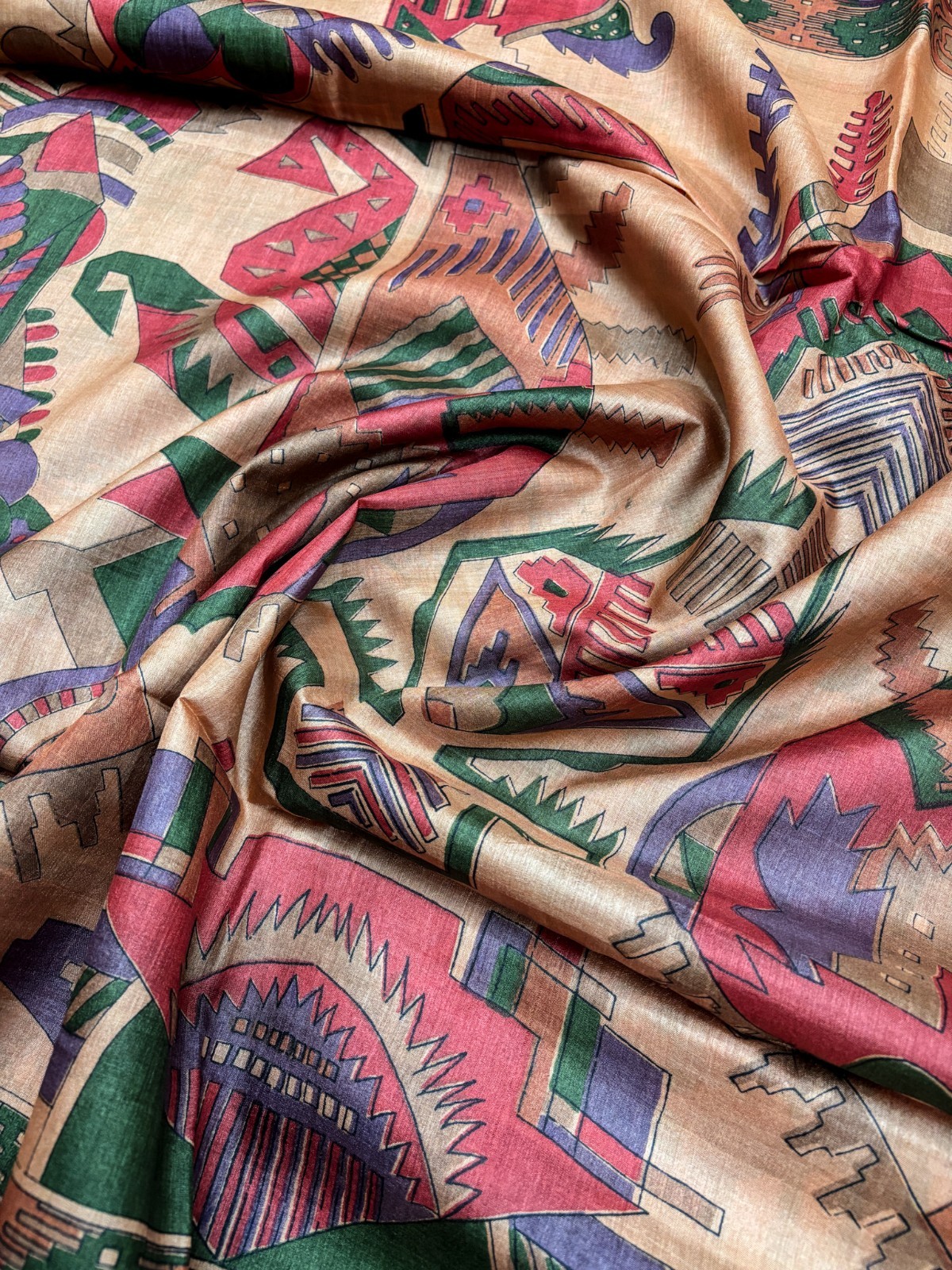 Vintage Tussar Silk Saree, Upcycled Printed Tussah Silk DIY Craft Fabric TS1037