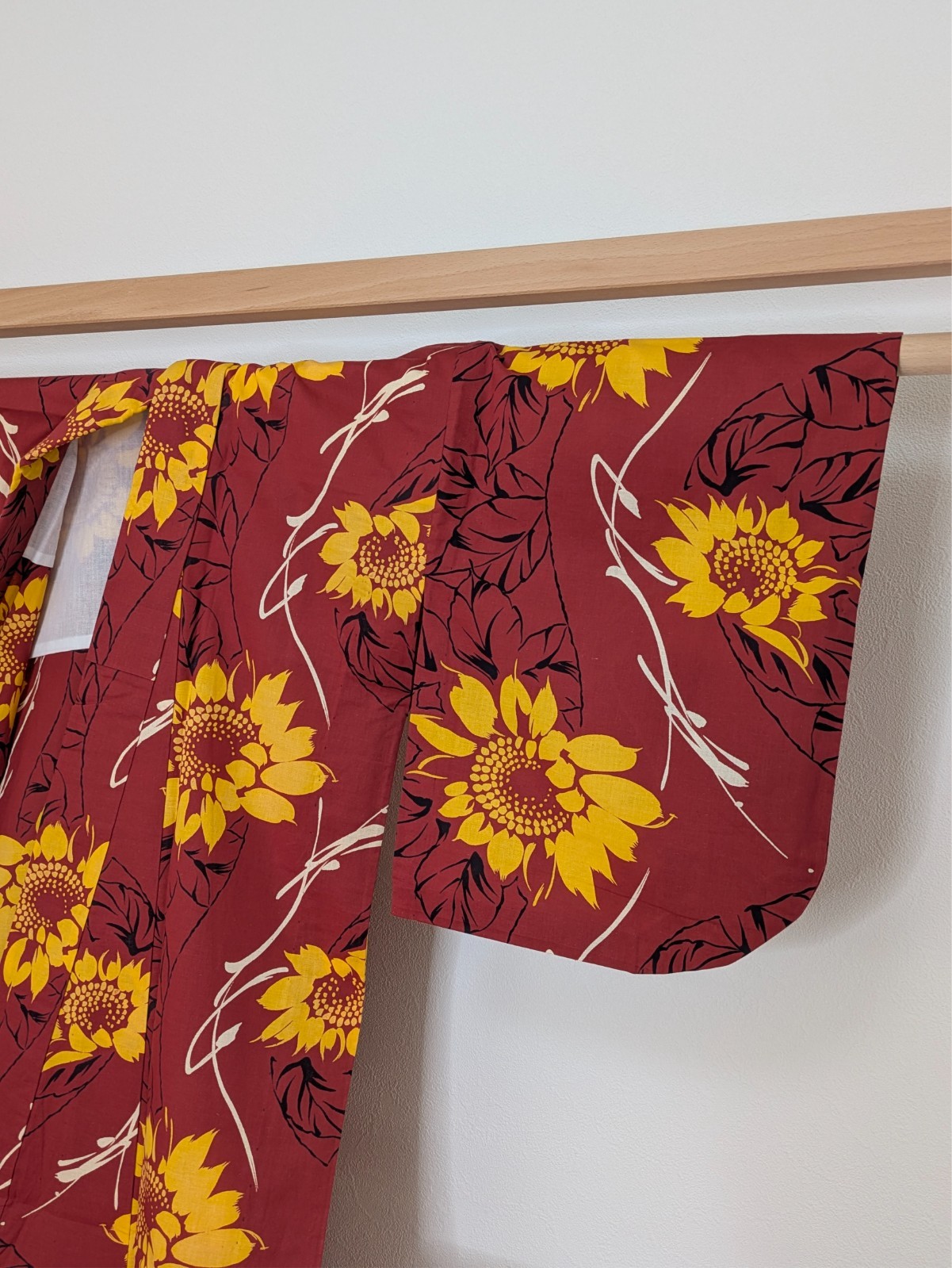 Japanese Kimono Cotton Yukata Dark Red Yellow Black Sunflower Floral Summer Wear