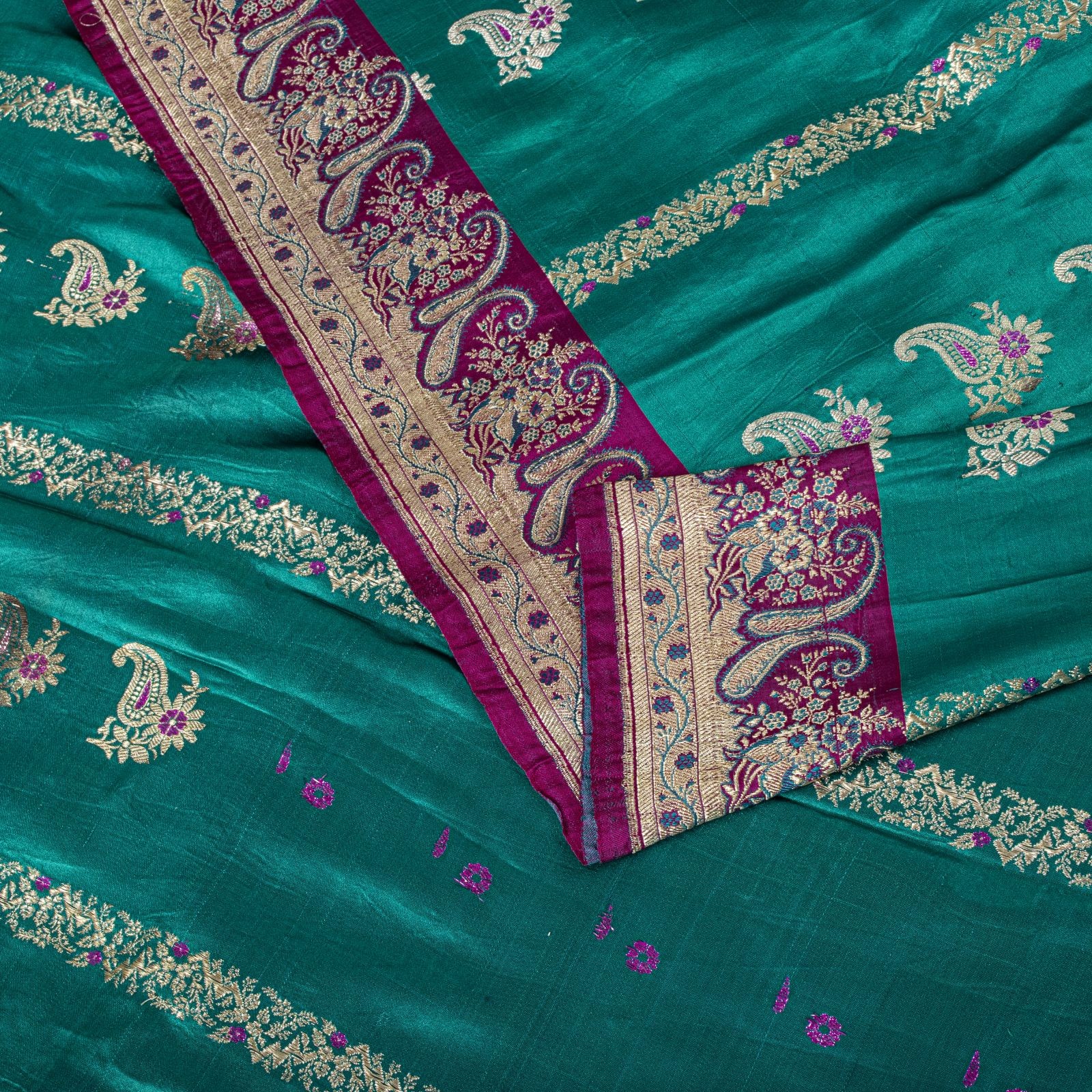 Sanskriti Vintage Green Pure Satin Silk Saree Banarasi Brocade Woven Sari 5Yard