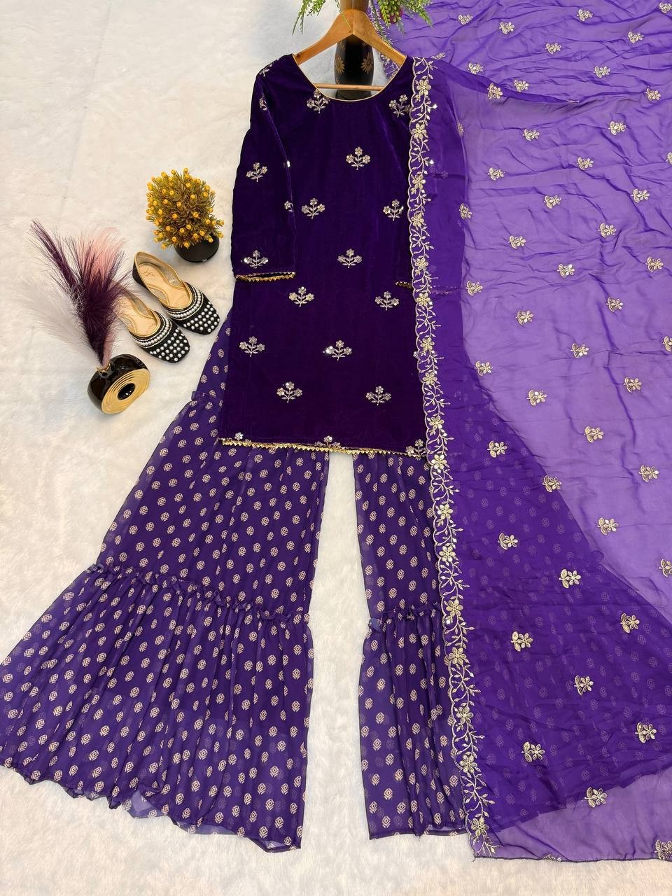 Designer New Pure Heavy Viscous Velvet Top And Sharara With Dupatta For Women