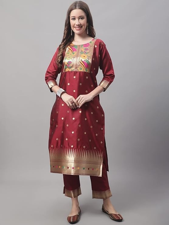Women’s Cotton Silk Jacquard Straight Kurta with Pant & Banarasi Silk Dupatta Se