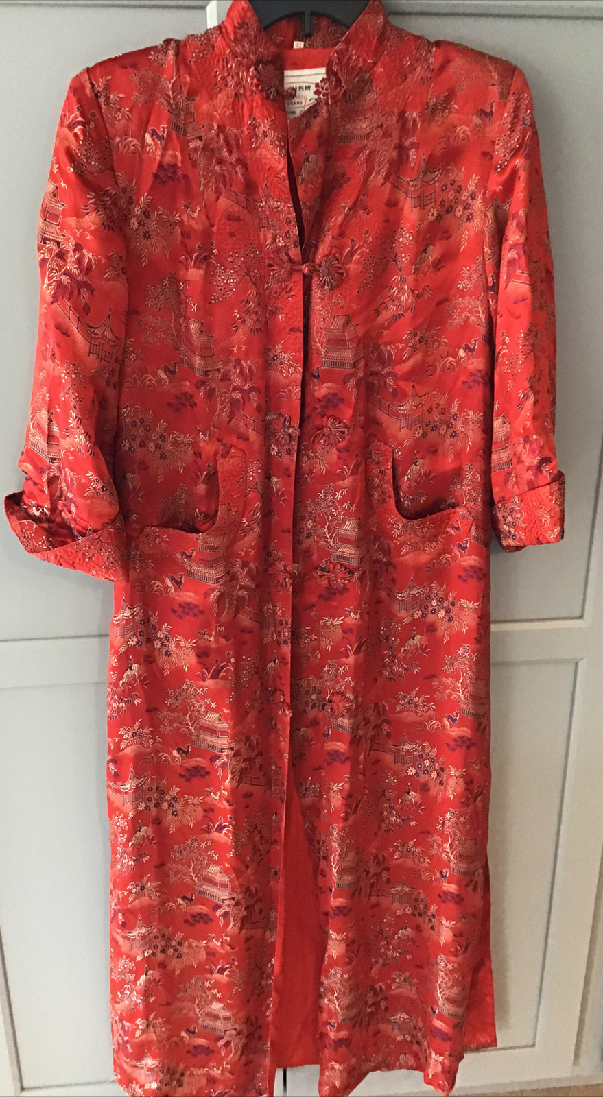 VINTAGE Peony Shanghai China Red Satin Kimono Robe LONG Size 32 Lined