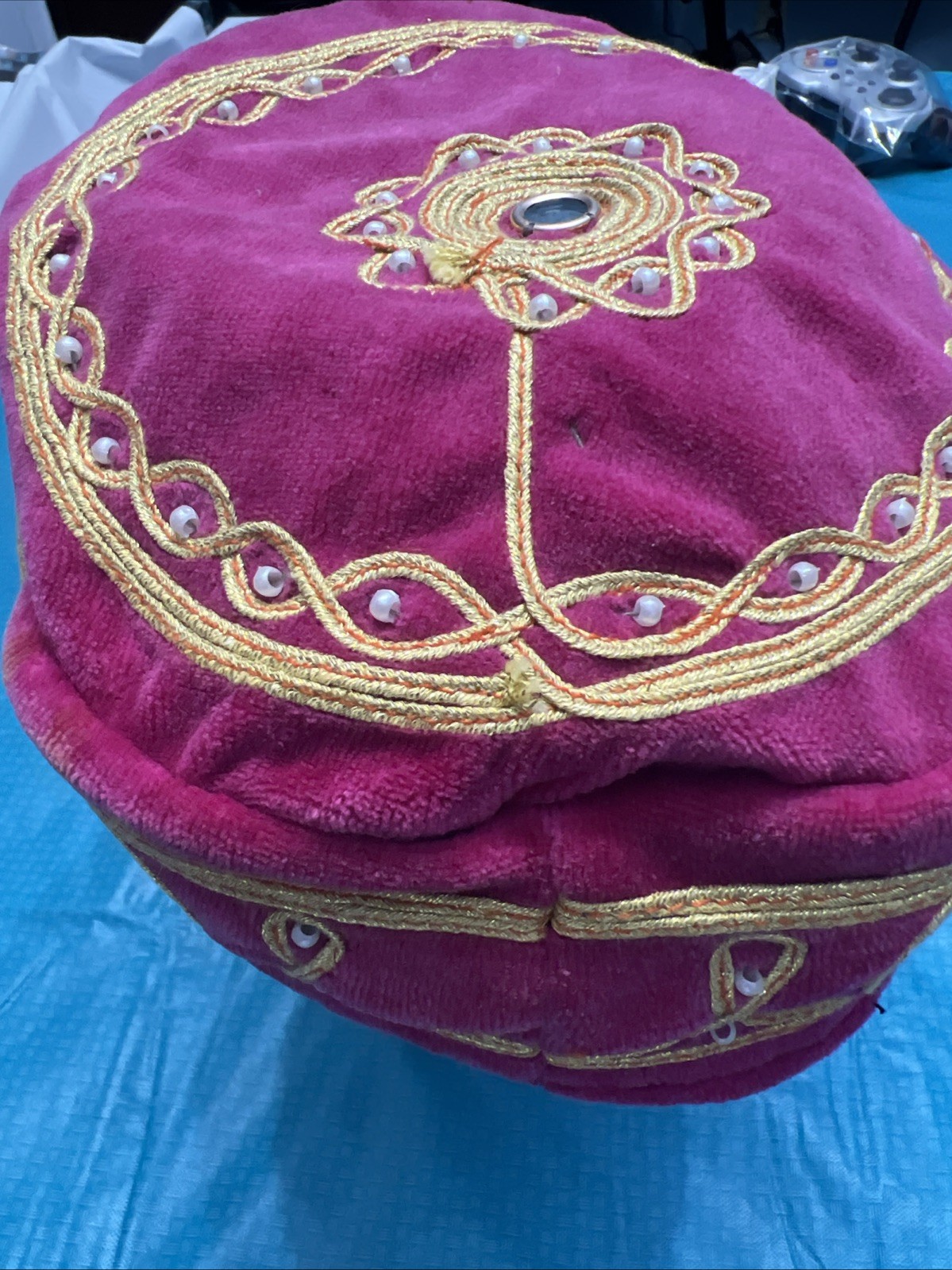 Vintage Velvet Embroidered Turkish Islamic Hat Kufi Gold Thread Mirror Bead