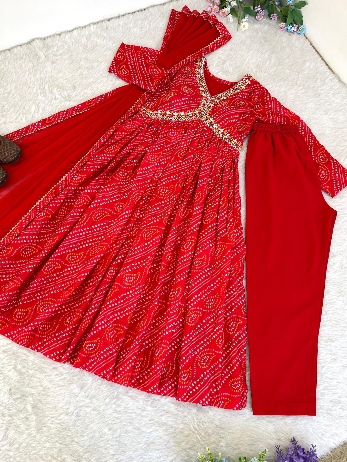 Red Bandhej Anarkali Kurta Pant Dupatta Set Hand Work Kurtis & Kurtas Suit Set