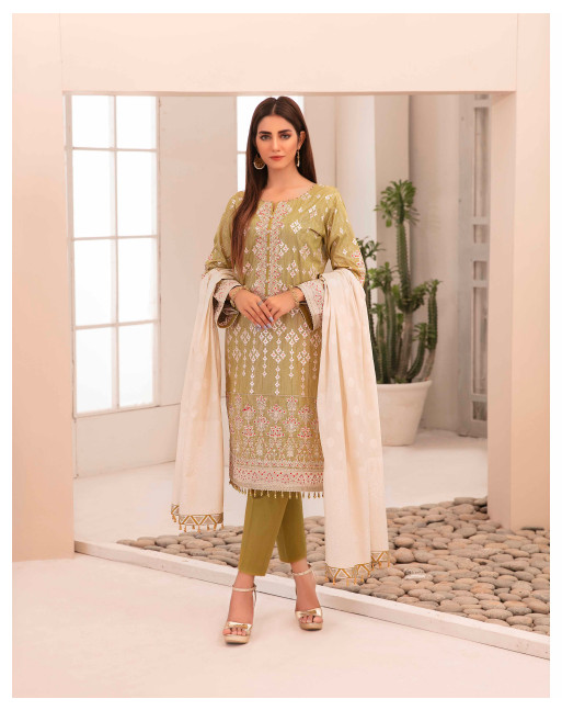 SemiFormal Jacquard Cotton Broshia Embroidered 3PC Shalwar Kameez Pakistani L/43