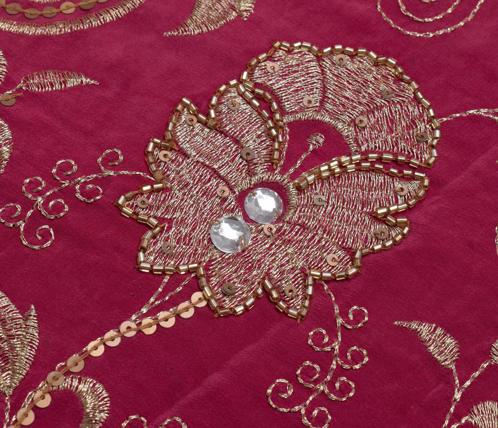 Sushila Vintage Dark Pink Saree Pure Crepe Silk Embroidered Floral Sari Fabric