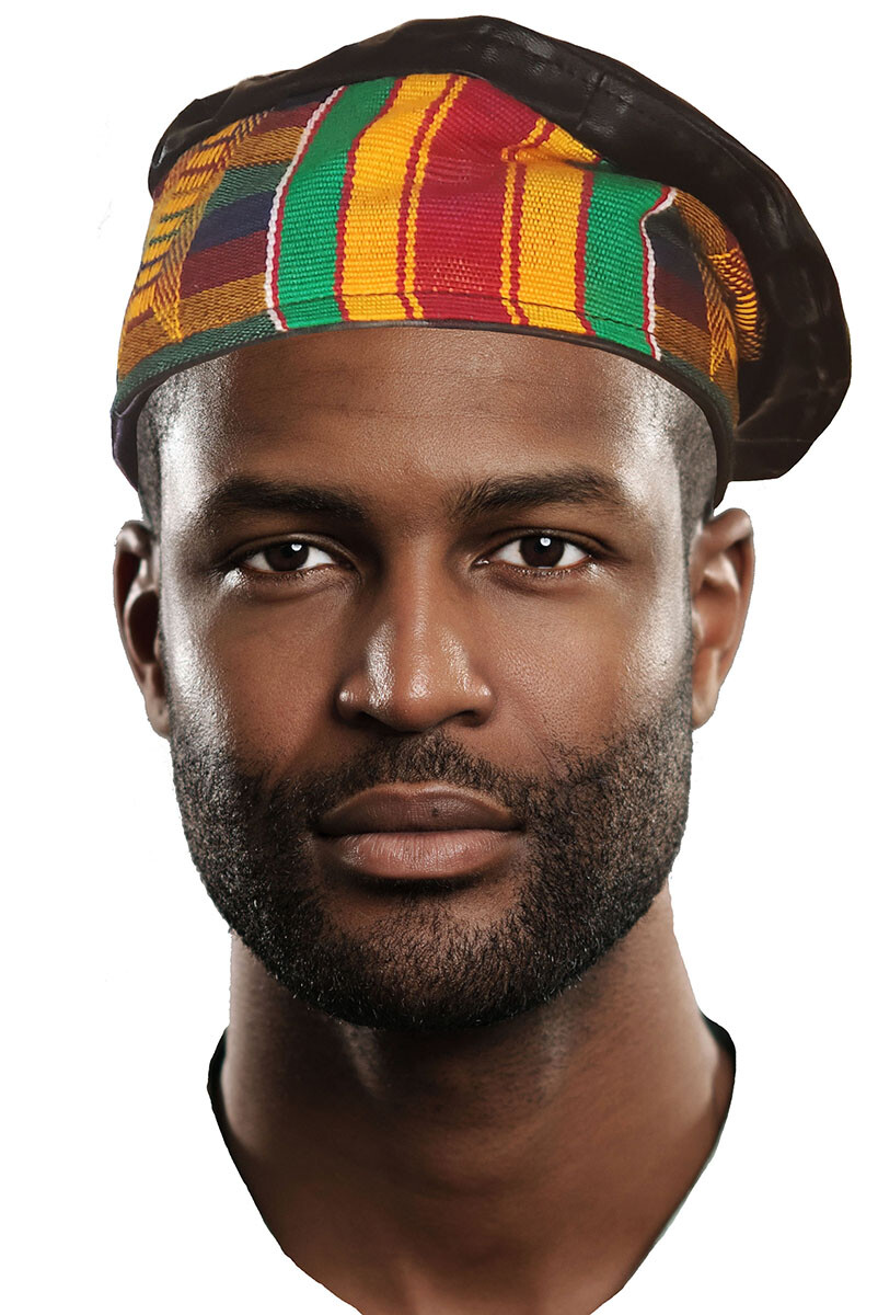 African Hand Woven Kente Kufi Hat with Faux Leather