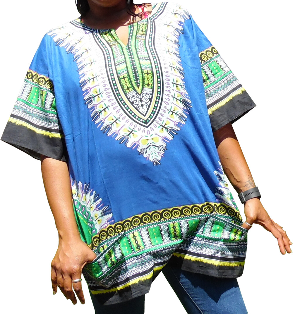 Womens BLUE Dashiki Shirt African Blouse Top Rap Rapper ~ FAST SHIPPING