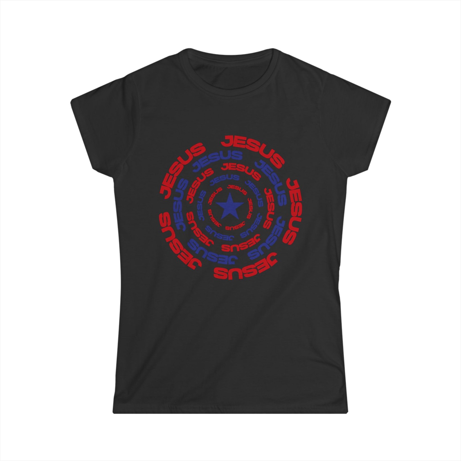 Jesus spiral tee | Christian faith shirt, red and blue star design