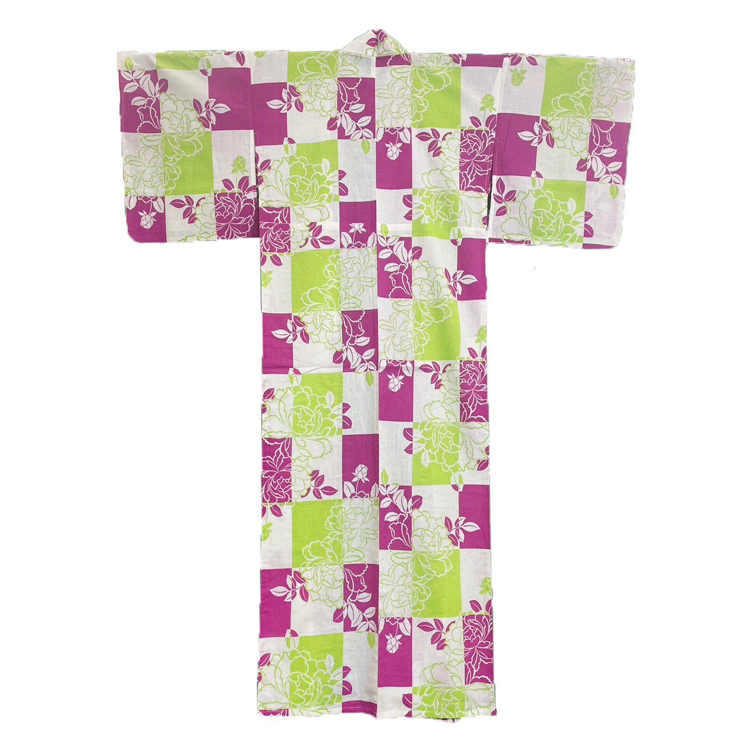 Women’s Cotton Yukata, Casual Summer Kimono – Light Green & Purple, Peony