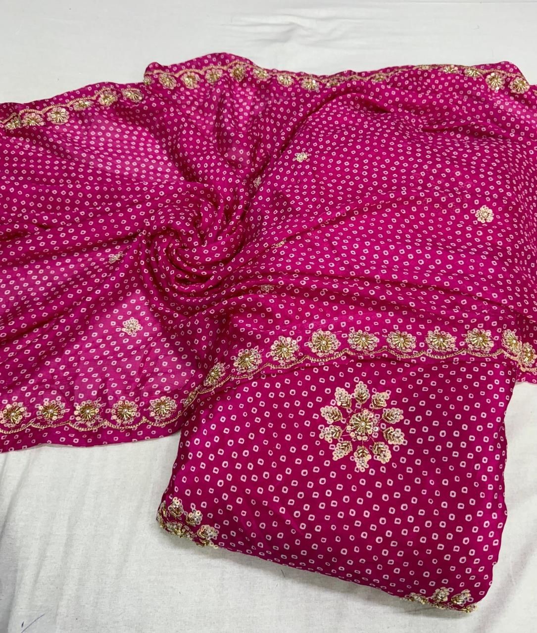 Bandhani Georgette Suit with Plain Bottom & Designer Dupatta – Unstitched Women