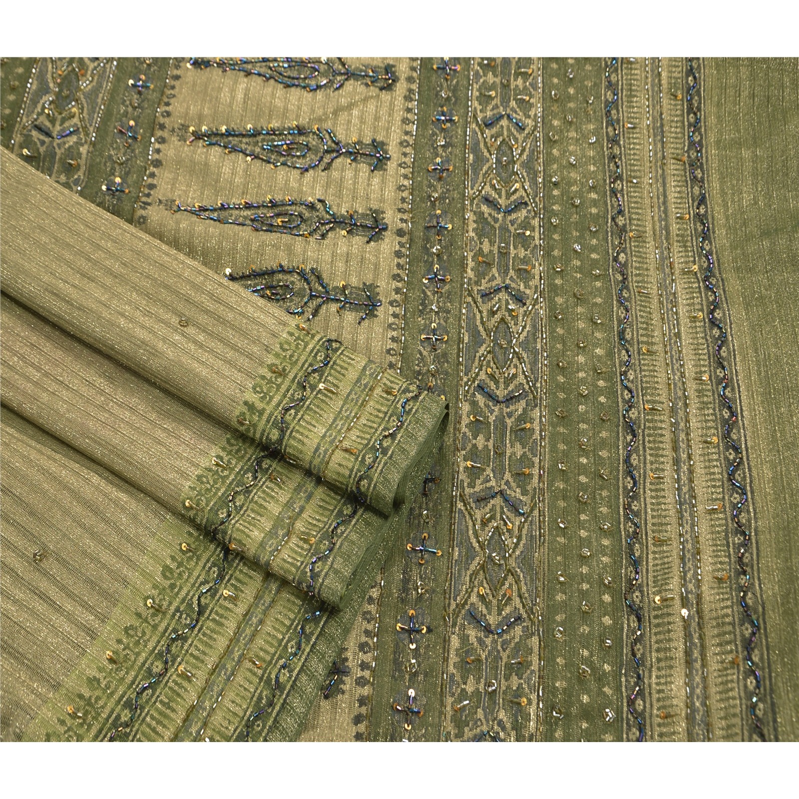 Sanskriti Vintage Sarees Net Mesh Hand Beaded Green Craft Fabric 5 Yd Sari