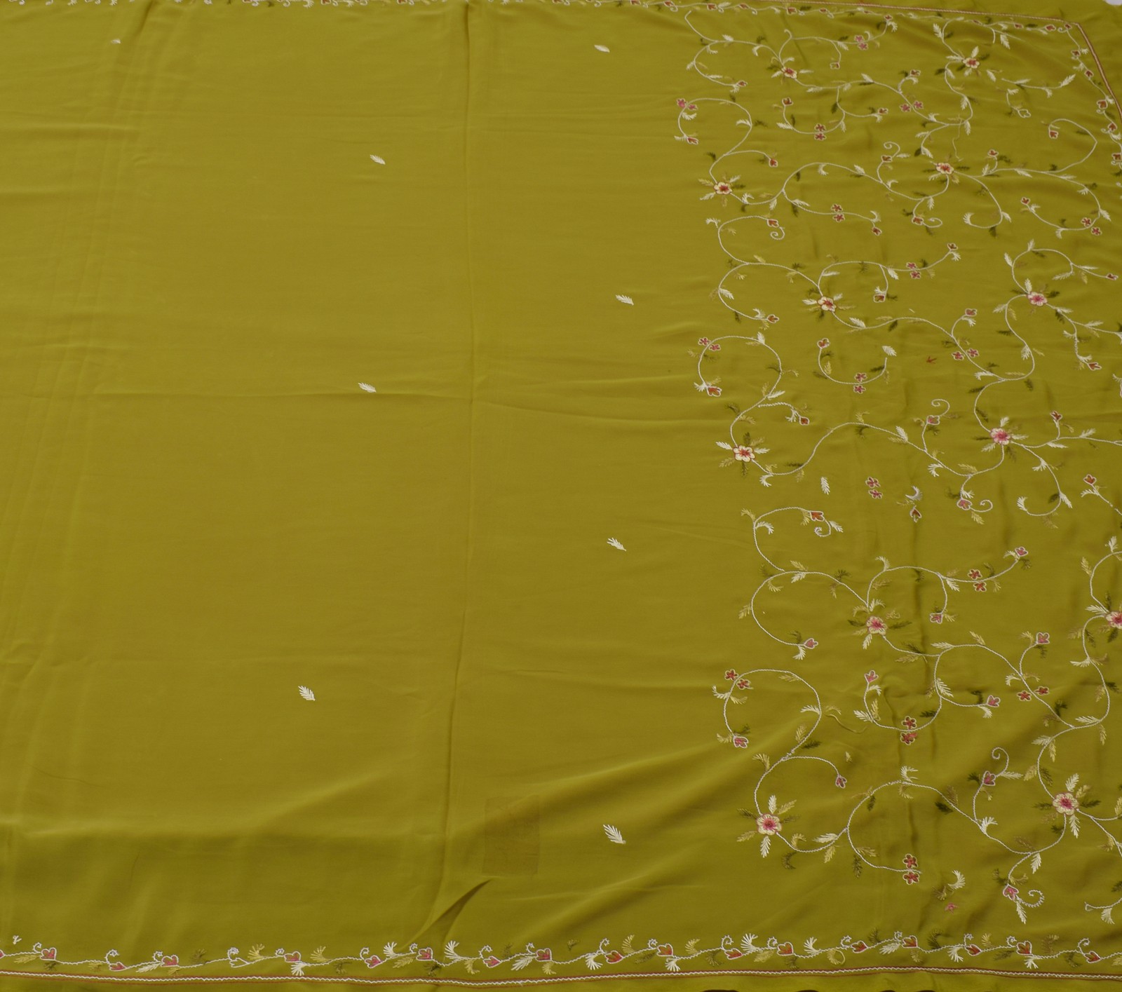 Sushila Vintage Green Saree Blend Crepe Silk Hand Embroidered Floral Sari Fabric