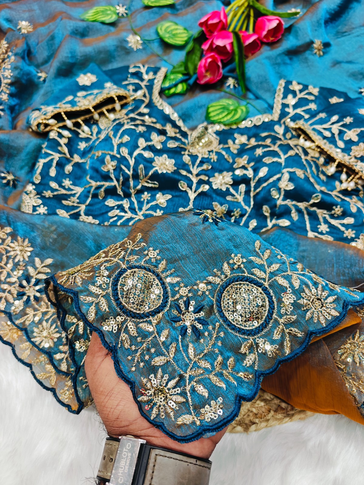 Designer Party Wear Sari Women Blue Ethnic Saree With Heavy Embroidered Blouse