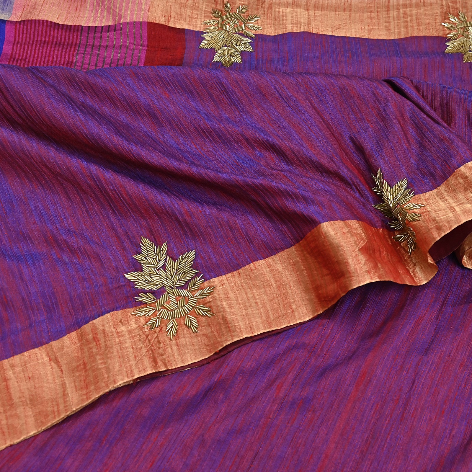 Indian Vintage Blue & Purple Saree Khadi Handloom Hand Embroidered Sari fabric